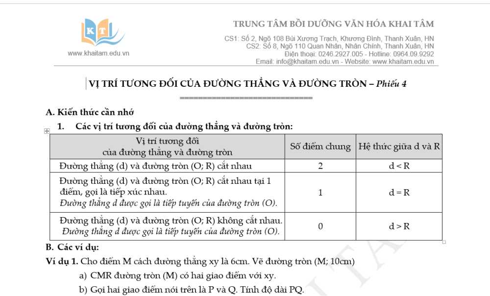 Toán 9: Tài liệu trọng tâm Hình học Chương 2 Phiếu số 4  - Vị trí tương đối của đường thẳng và đường tròn
